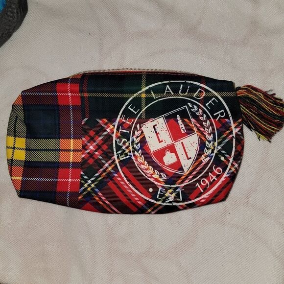 Estee Lauder Plaid Tartan Cosmetic Zipper Make Up Bag with Tassle & Big Logo - Picture 10 of 13